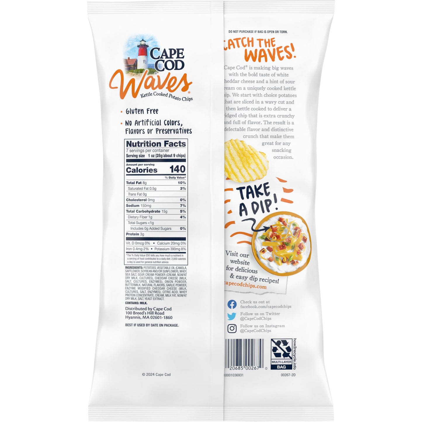 Cape Cod Waves Potato Chips Wavy Cut White Cheddar & Sour Cream, 7 Oz