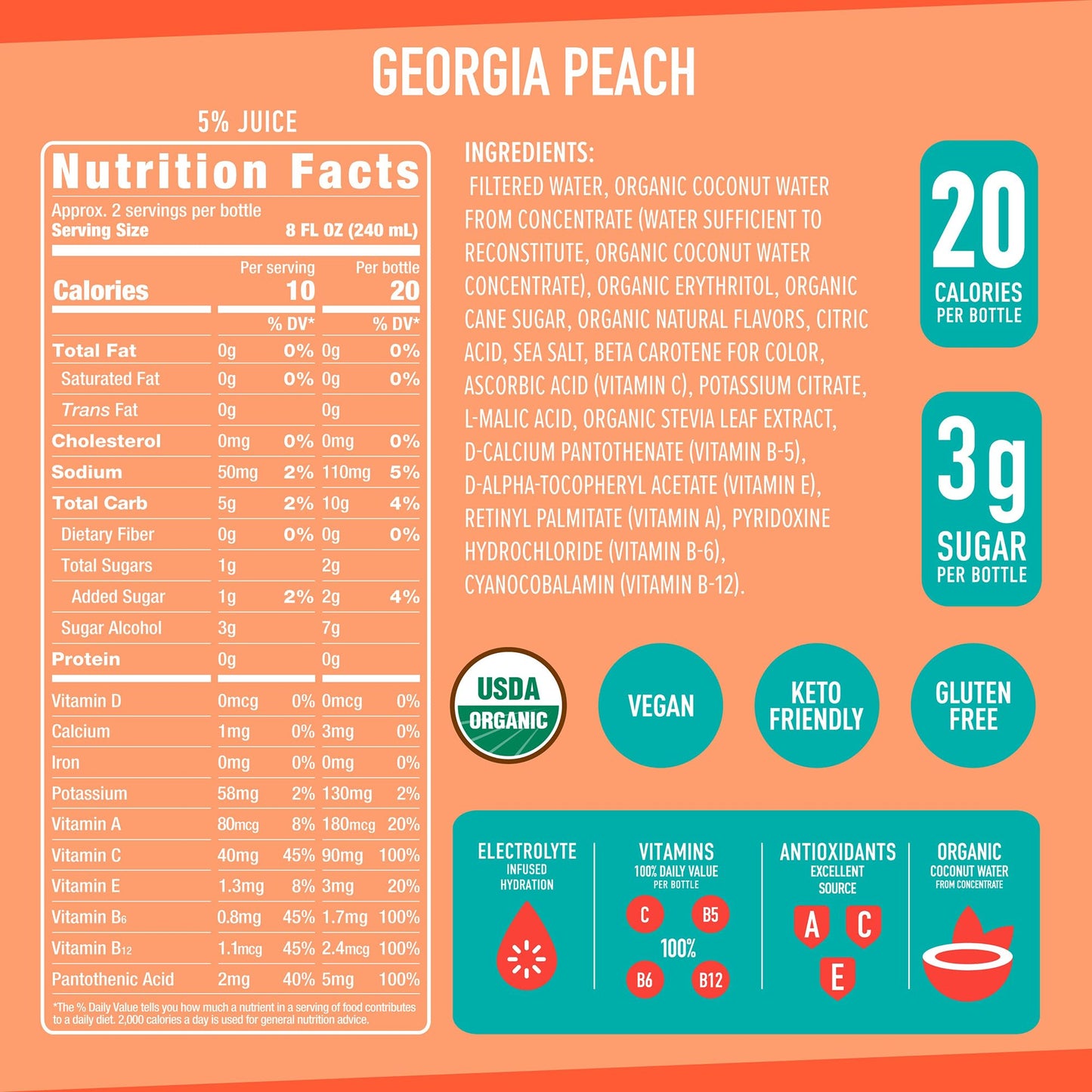 Roar Complete Hydration Organic - Electrolyte Drinks Loaded With Vitamins C, B5, B12 - Non-Gmo, Gluten-Free - Georgia Peach - 12 Pc