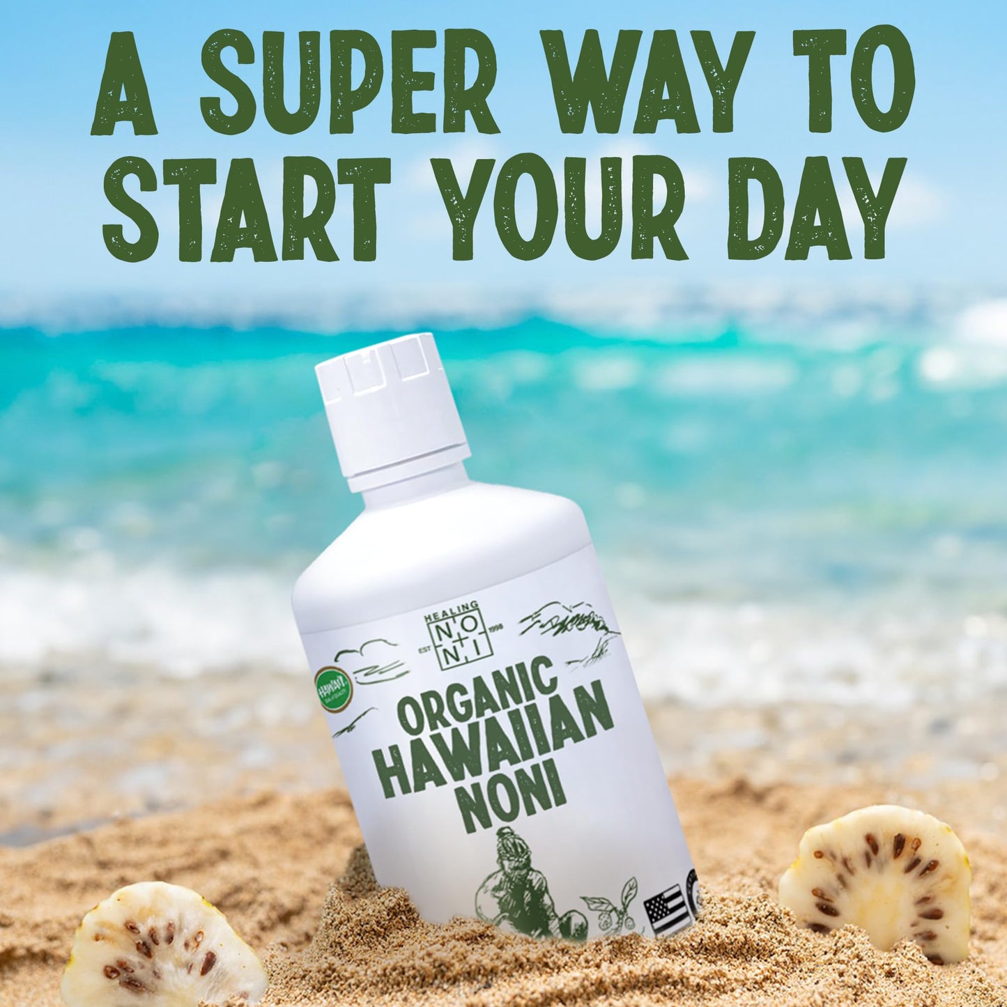 Healing Noni - 2-Pack Plastic Bottle 32oz - 100% Pure Hawaiian Organic Noni Juice - All-Natural - Farm Direct