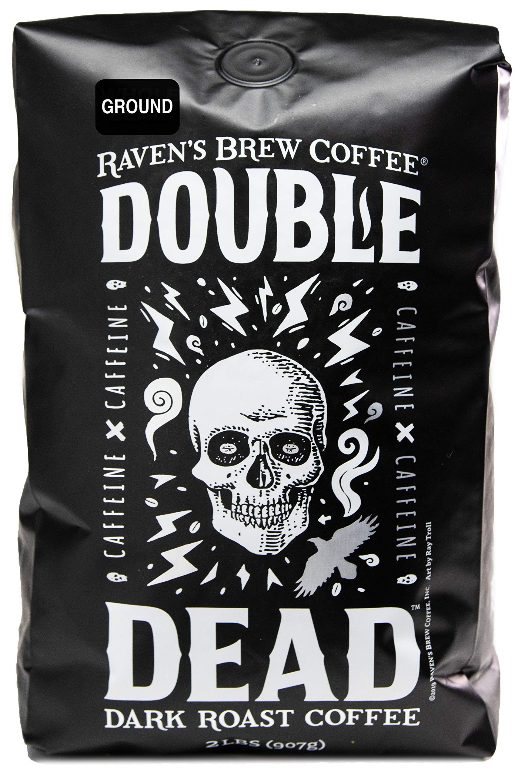 Ravens Brew Coffee Dark Roast - High Caffeine Ground Coffee, 32 Ounce