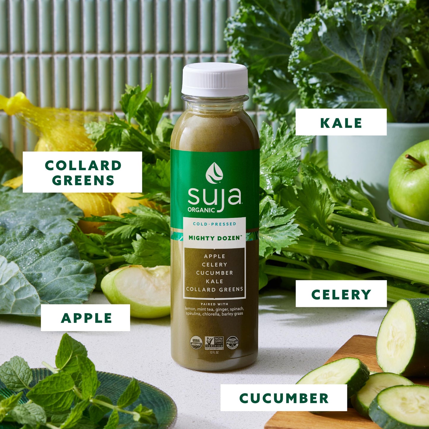 Suja Organic Mighty Dozen, Celery, Cucumber, Kale, Collard Greens, Apple, 12 Fl Oz Bottle