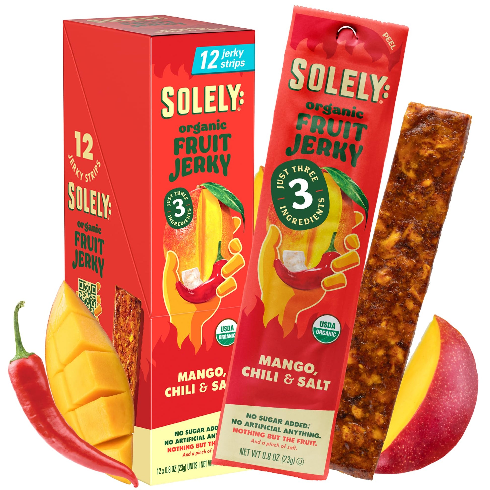 SOLELY - Organic Spicy Mango Chili and Salt Fruit Jerky - 12 Individually Wrapped Strips - Fruit Leather Made from Dried Fruit -
