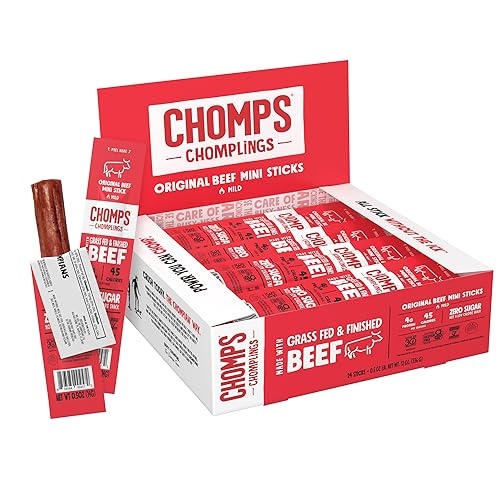 Chomps Beef Jerky Snack Sticks, Grass-Fed, Gluten-Free, 24-Pack, 0.5oz Each, Keto, Paleo, Non-GMO, Red