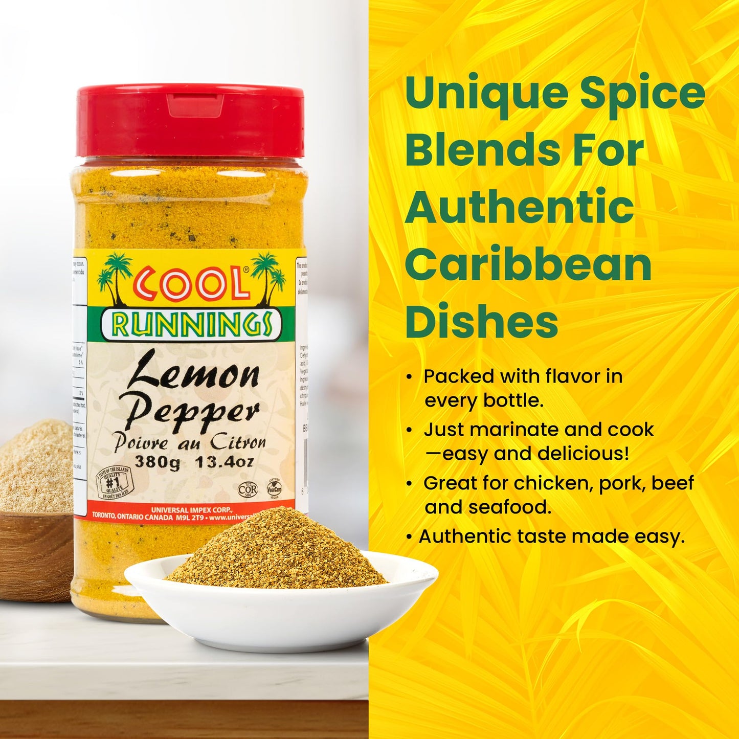 Cool Runnings USA Lemon Pepper 380g - Zesty and Savory Blend for Enhancing Chicken, Seafood such as Salmon, and Vegetables, Idea