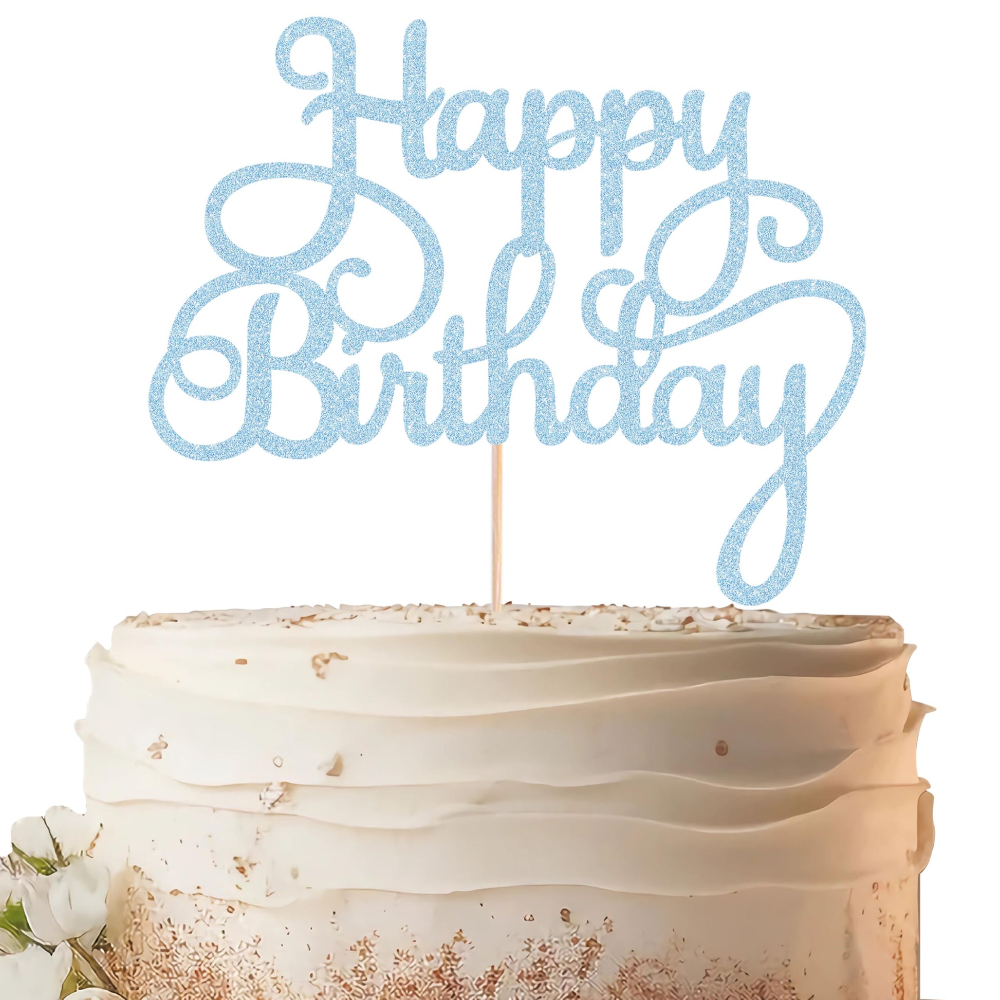 EONNCNT Happy Birthday Cake Topper - Light Blue Glitter, 6.3x8.2, Paper, Model: MOUCCT-HB