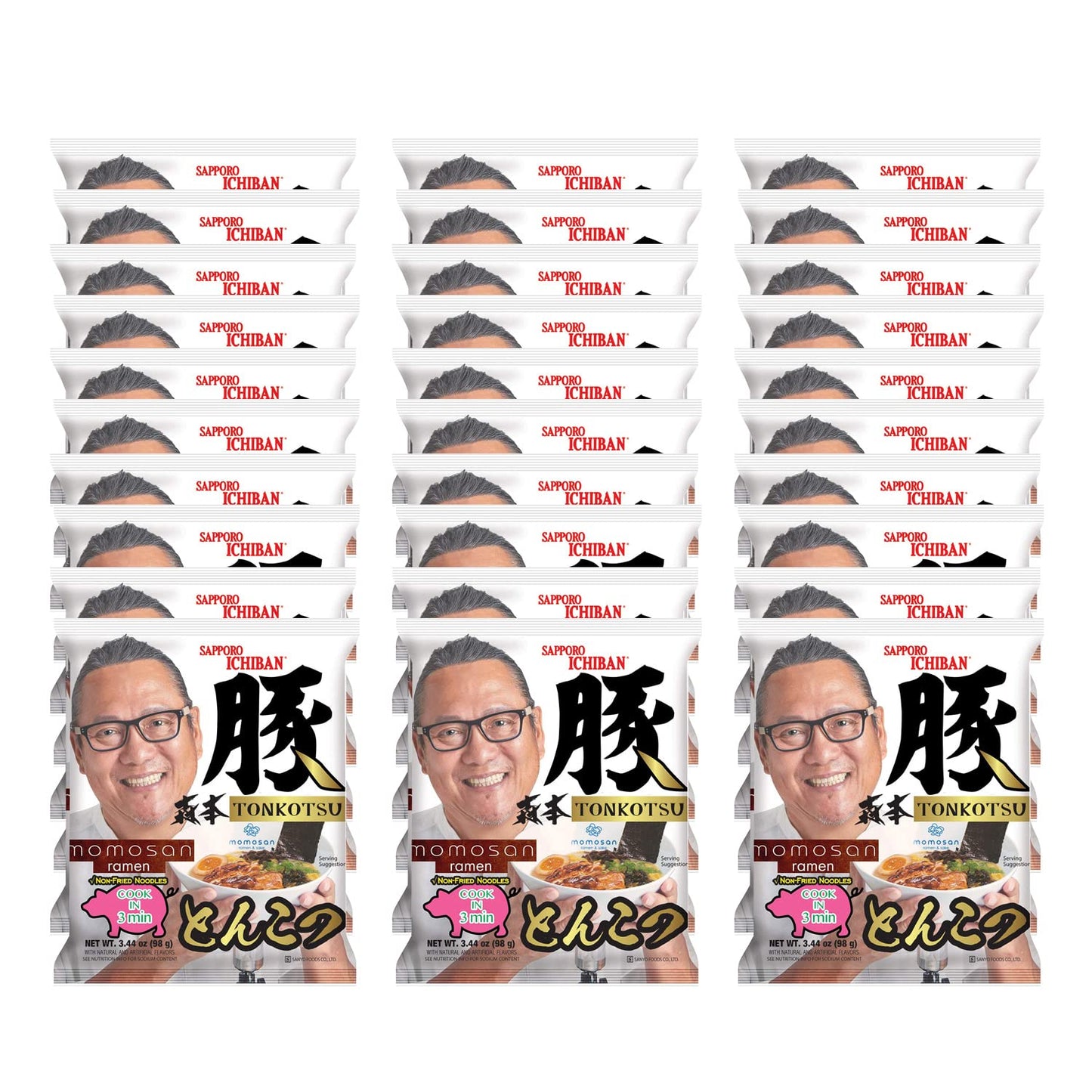 Sapporo Ichiban Momosan Ramen, 3.44 Ounce, Pack Of 30 (Tonkotsu Flavor)