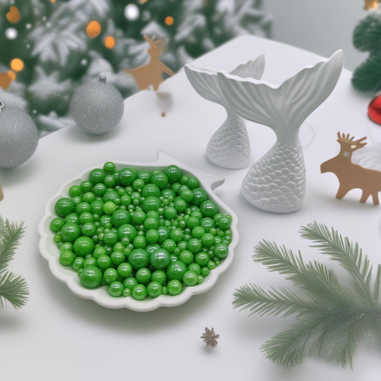 Edible Christmas Green Sugar Pearls Sprinkles Candy Mix Size Pearls Cake Decorations Cupcake Toppers Decorating Perfect For Wedd