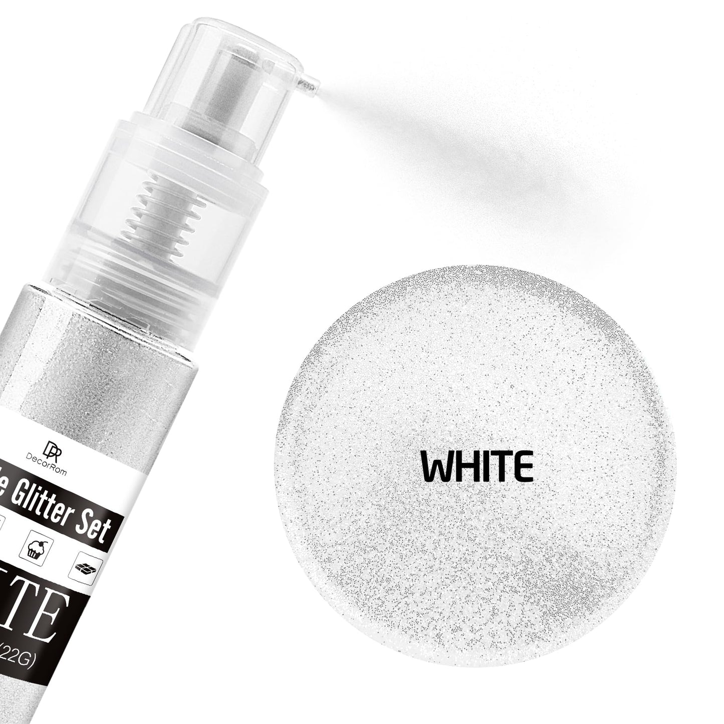 DecorRom Edible Glitter Spray, 3/4oz Luster Dust, Food Grade Shimmer Powder, White, Model A0209 for Cake Decorating and Drinks