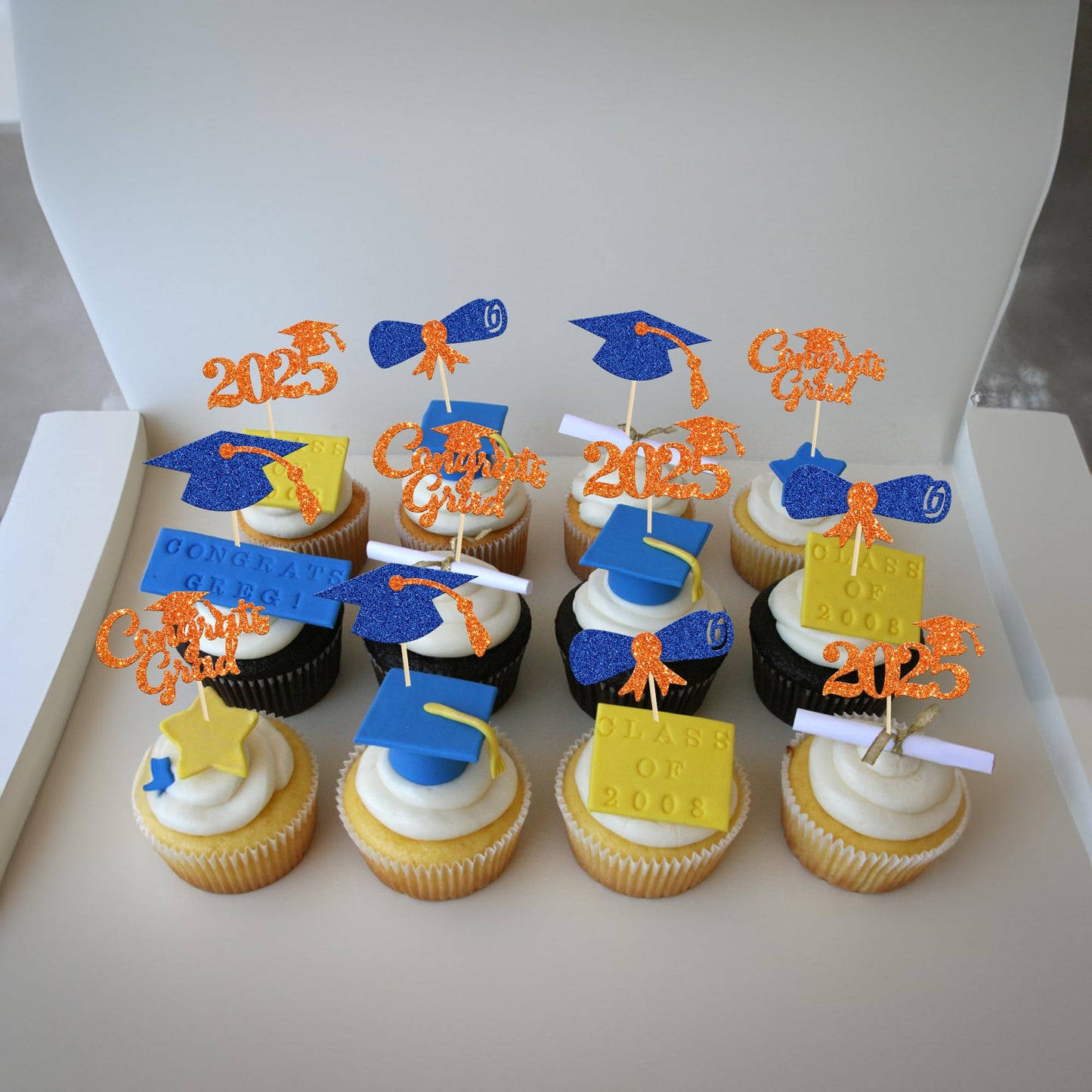 Gyufise 24Pcs Glitter 2025 Graduation Theme Cupcake Toppers Diploma Class Of 2025 Graduation Cap Cupcake Picks For Class Of 2025