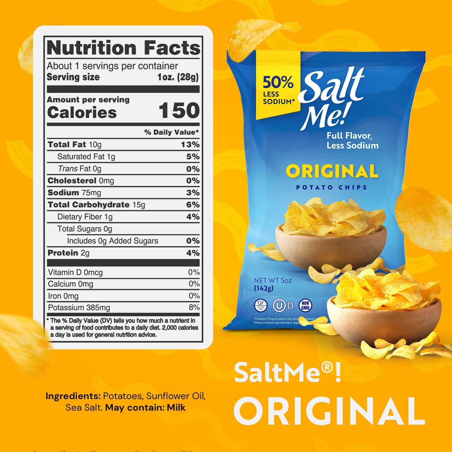 Saltme! Original Better For You Potato Chips - 6Ct 5Oz Bags - 50% Less Sodium, Kosher, Healthier Snack Pack- Best Full Flavor, N