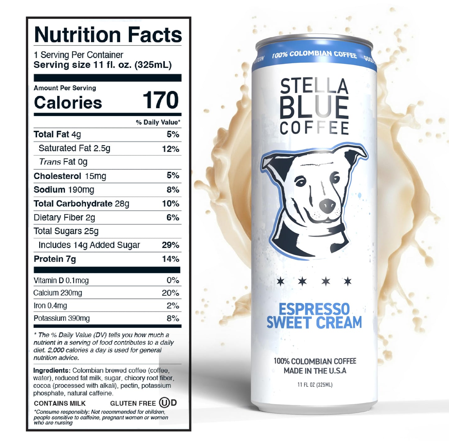 Stella Blue Espresso Sweet Cream Latte  100% Colombian Coffee  190mg Natural Caffeine  Good Source of Protein  Ready-to-Drink Coffee Energy Beverage  11oz Can  12 Pack