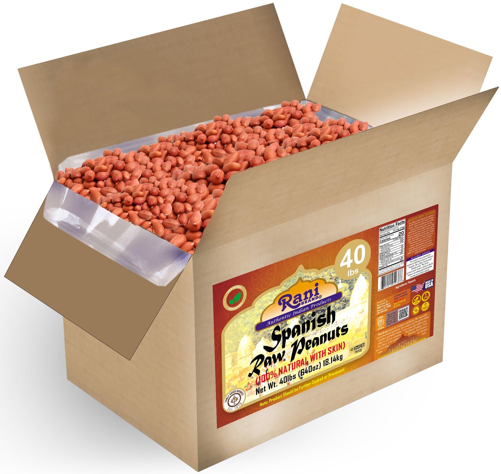 Rani Raw Spanish Peanuts 100% Natural with Skin (uncooked, unsalted) 40lbs (640oz) 18.14kg Bulk Box ~ Vegan | Gluten Friendly | 