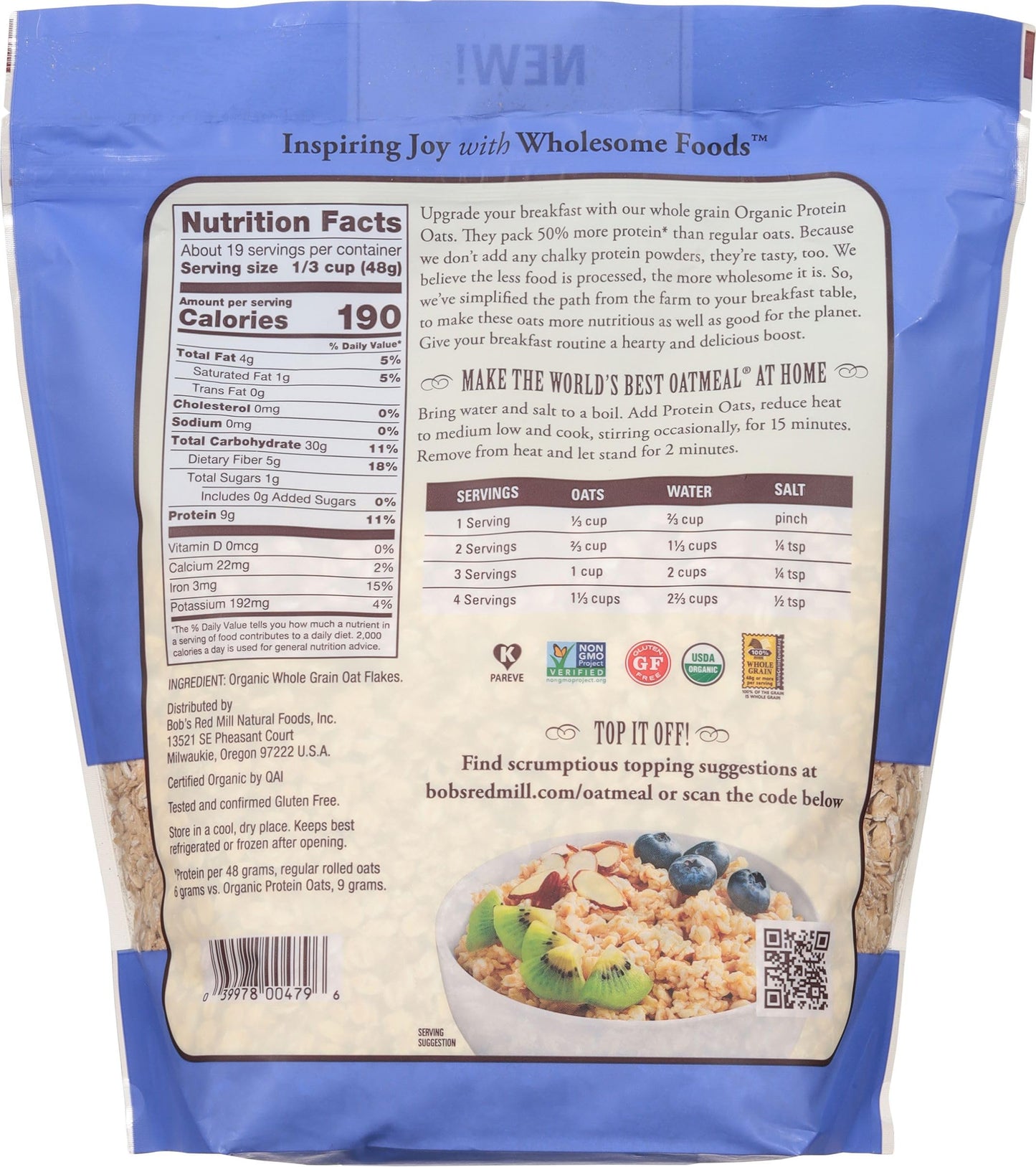 Bobs Red Mill Organic Gluten Free Protein Oats, 32oz (Pack of 1) - 9g/Serving, Non GMO, Whole Grain, Plant Based Protein, Vegan