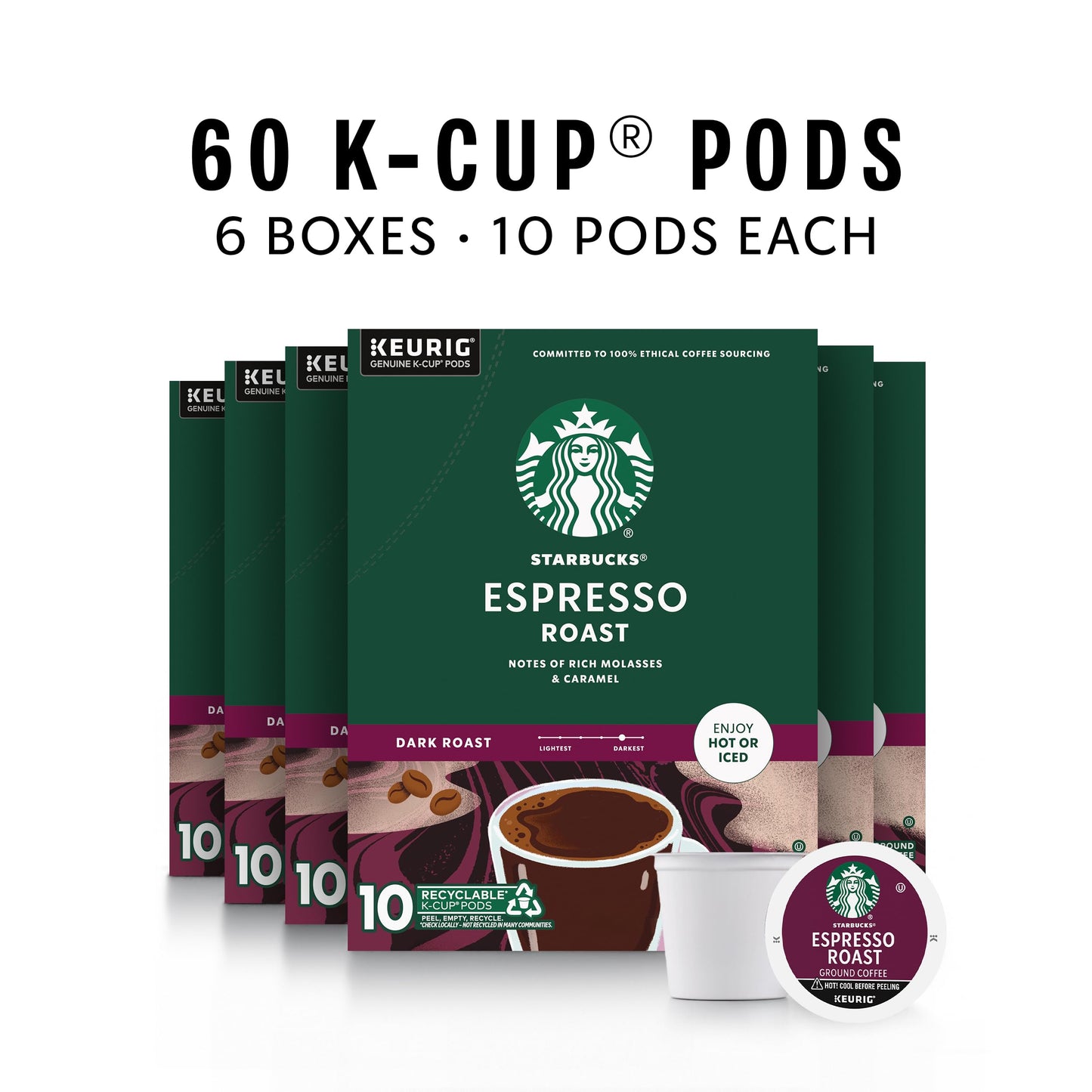 Starbucks K-Cup Coffee Pods, Dark Roast Coffee, Espresso Roast For Keurig Coffee Makers, 100% Arabica, 6 Boxes (60 Pods Total)