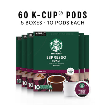 Starbucks K-Cup Coffee Pods, Dark Roast Coffee, Espresso Roast For Keurig Coffee Makers, 100% Arabica, 6 Boxes (60 Pods Total)