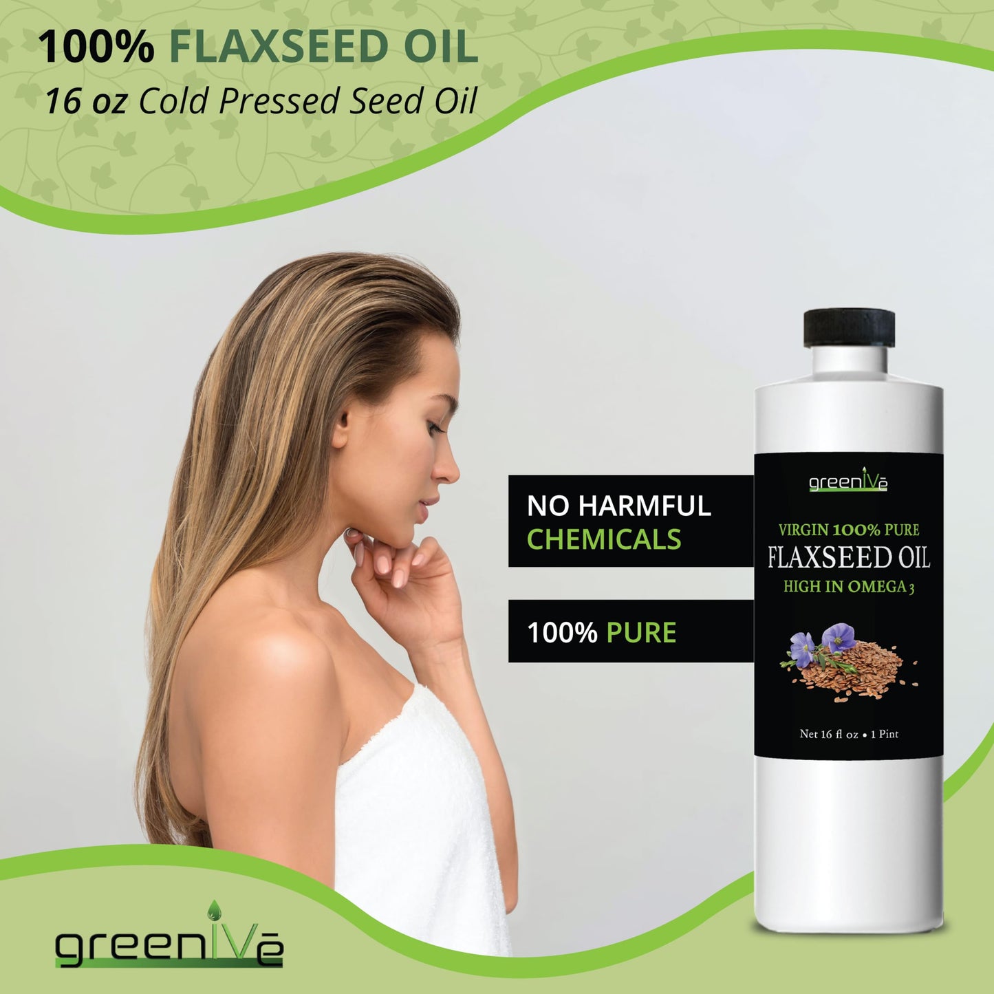 GreenIVe Flax Seed Oil - 100% Pure, Cold Pressed, Vegan, 16 Fl Oz