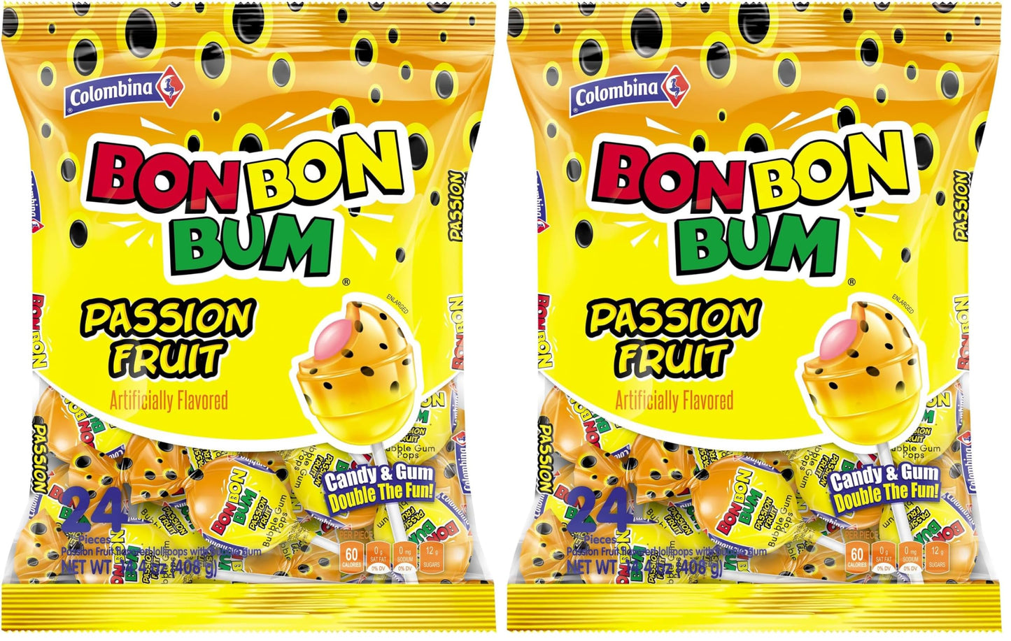 Colombina Bon Bon Bum Lollipops Tropical Passion Fruit Flavor, 24 Count (Pack of 2)