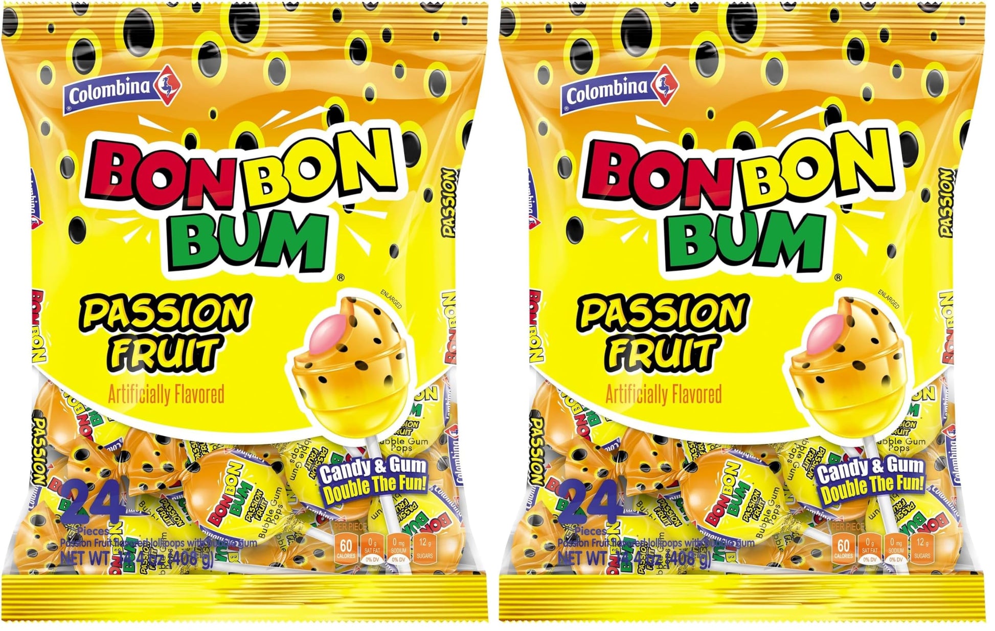 Colombina Bon Bon Bum Lollipops Tropical Passion Fruit Flavor, 24 Count (Pack of 2)