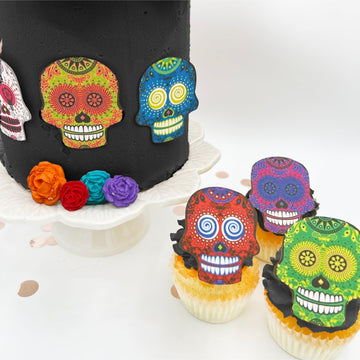 Sugar Robot Inc. Large Edible Sugar Skulls Set of 12 - Wafer Cake Toppers - 2.5 inches - Assorted Colors for Halloween & Dia De Los Muertos