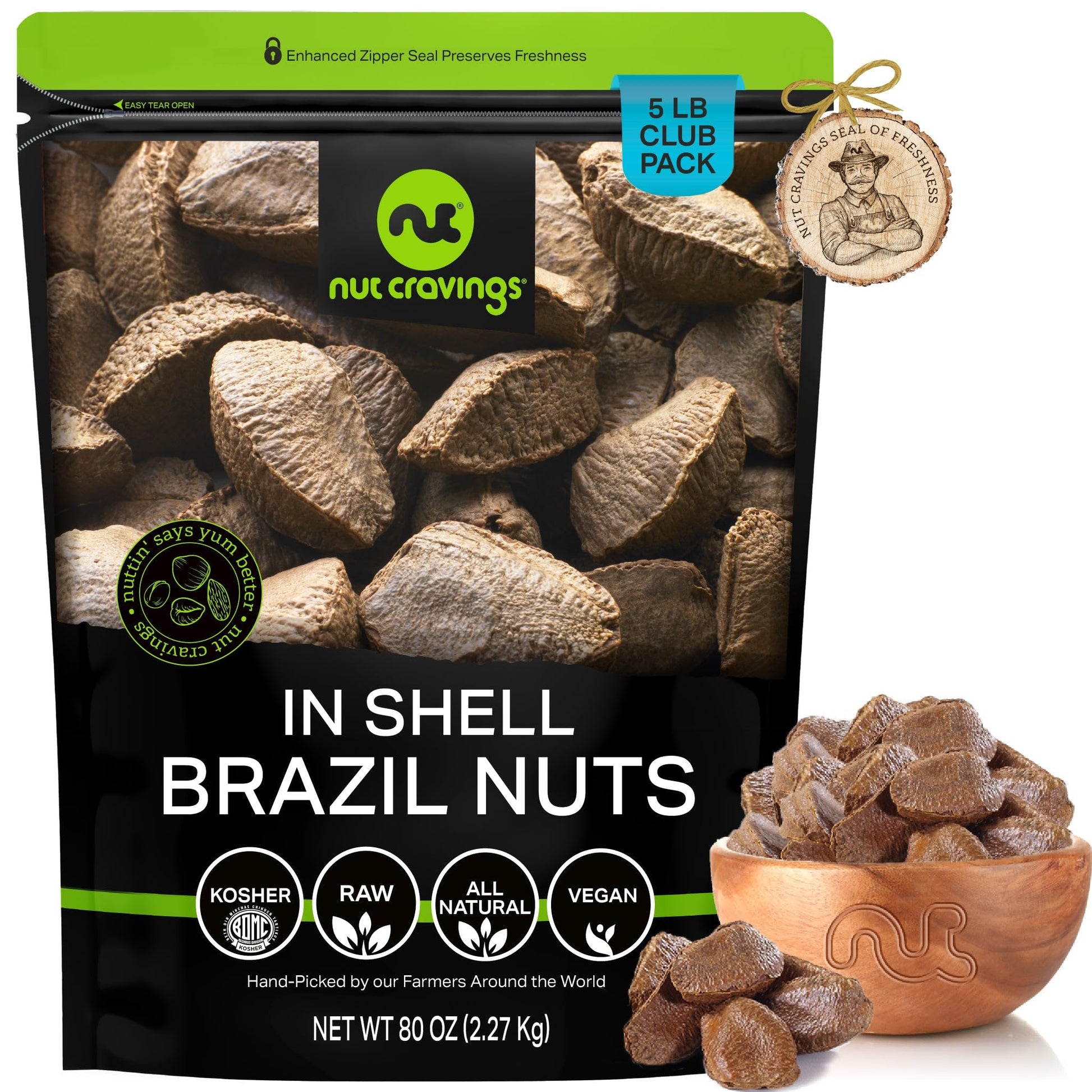 NUT CRAVINGS - Raw Brazil Nuts In Shell - Whole, (80oz - 5 LB) Bulk Nuts Packed Fresh in Resealable Bag - Healthy Protein Food S