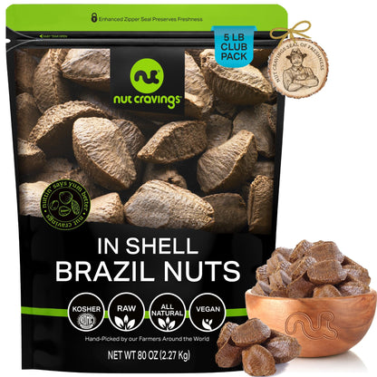 NUT CRAVINGS - Raw Brazil Nuts In Shell - Whole, (80oz - 5 LB) Bulk Nuts Packed Fresh in Resealable Bag - Healthy Protein Food S
