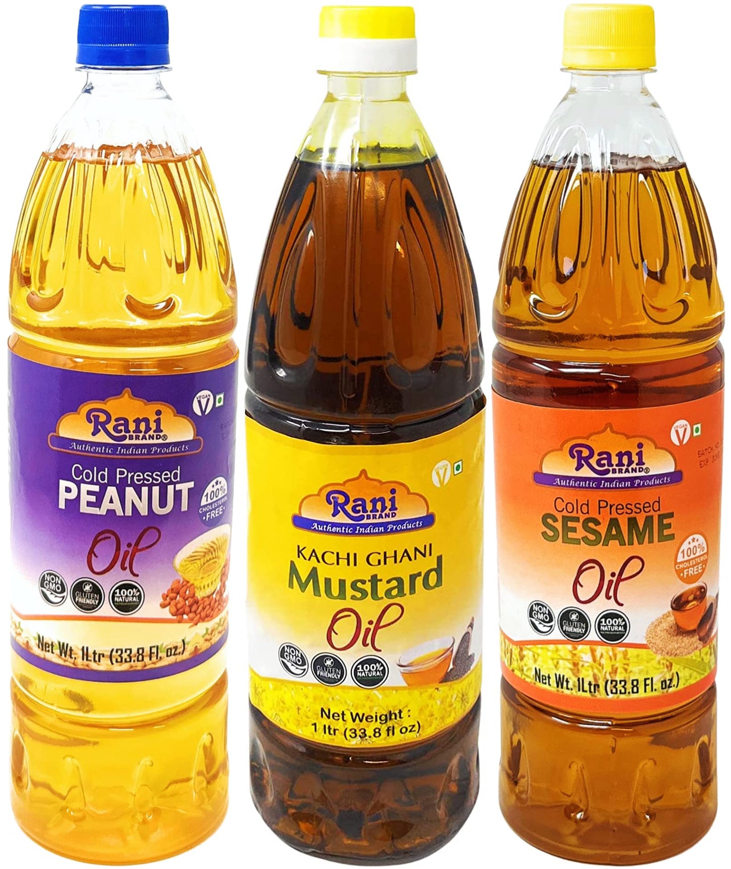Rani Premium Oils Combo Set of 3 - Peanut Oil, Mustard Oil, Sesame Oil 33.8 Ounce (1 Liter) ~ Cold Pressed | 100% Natural | Kosh