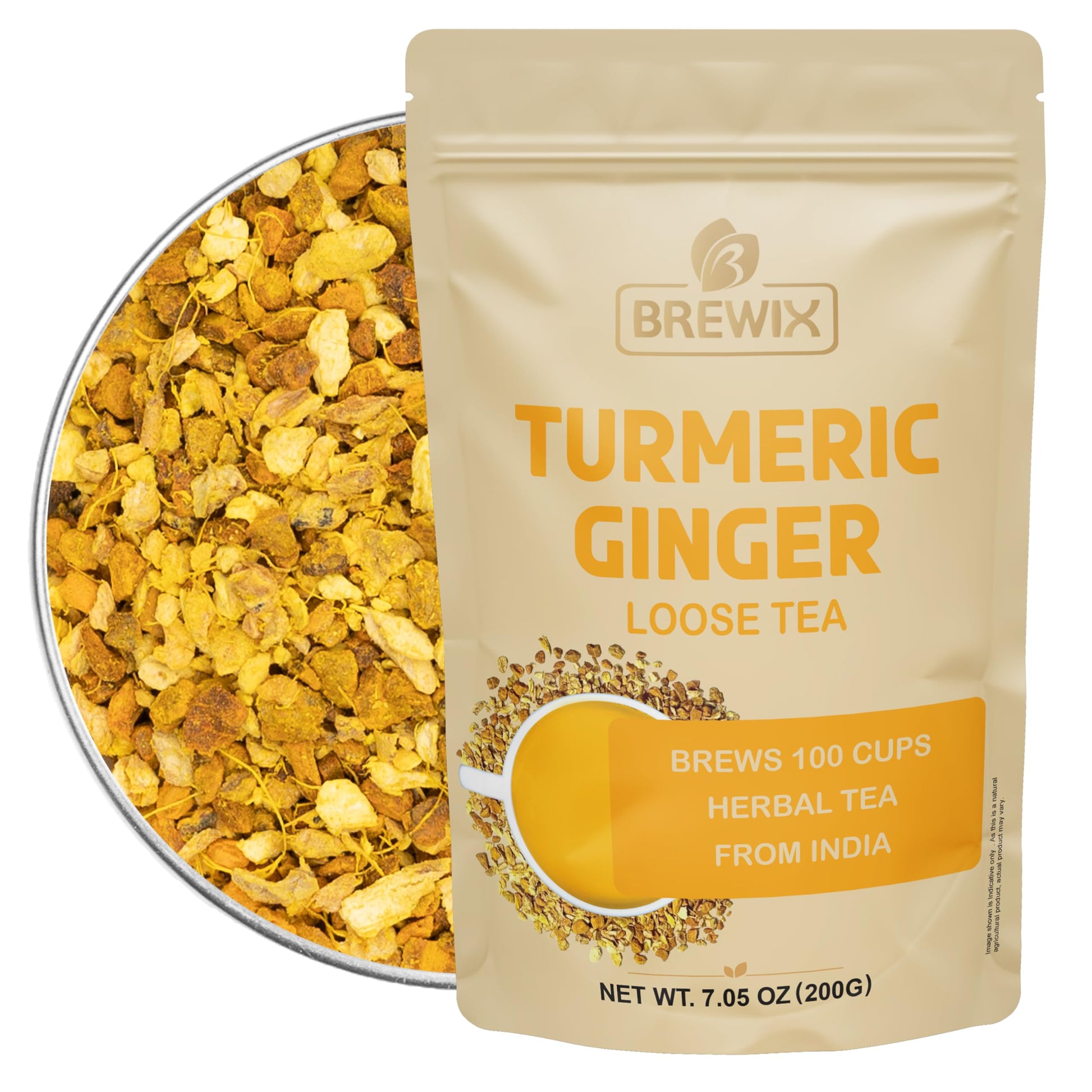 BREWIX Turmeric Ginger Herbal Tea - Caffeine & Gluten Free, Savory & Spicy, 7.05oz (200g)