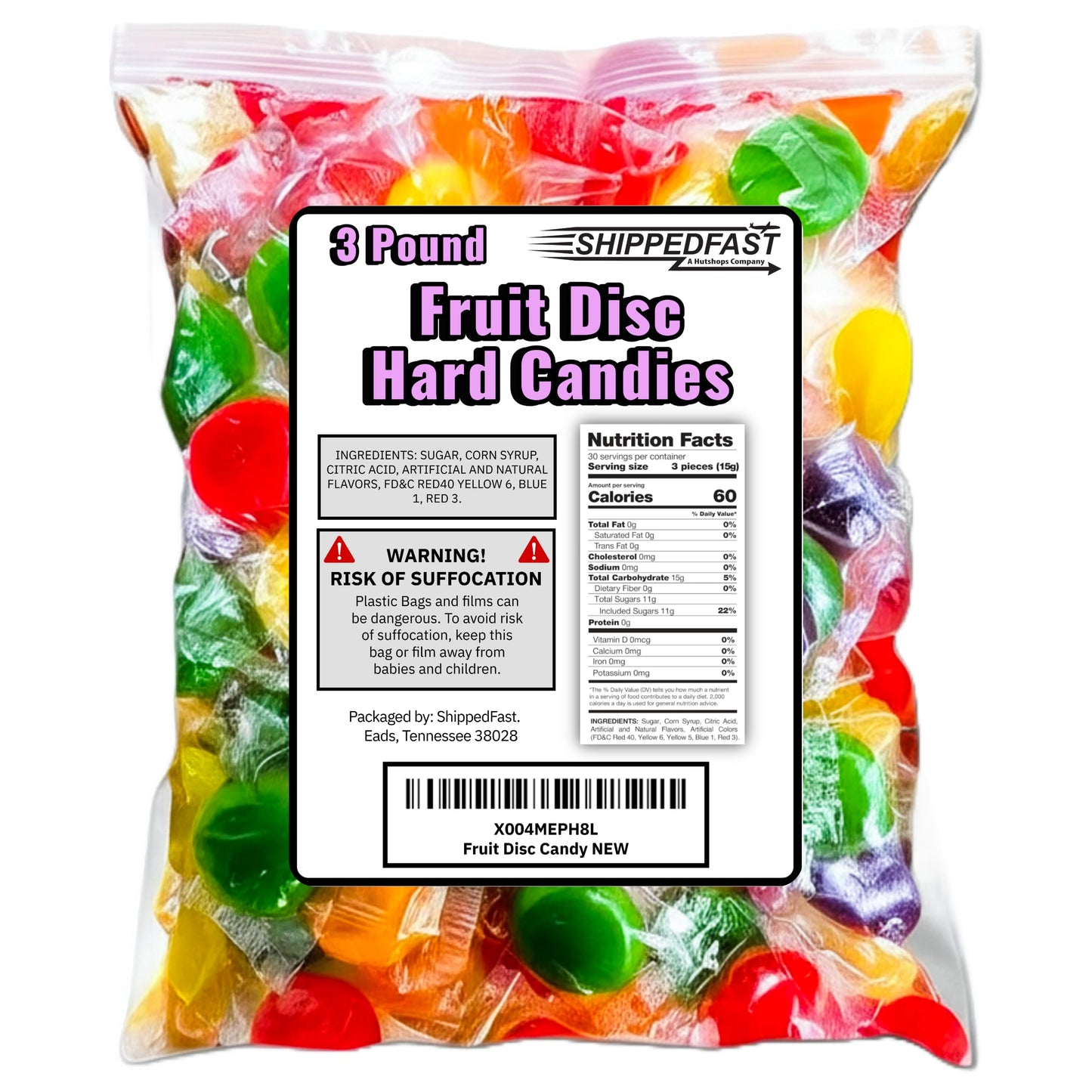 Shippedfast Fruit Disc Hard Candy, Assorted Classic Flavors, 3 lbs, Individually Wrapped, Approx. 260 Count, 10.5 x 9.5 x 2 inches