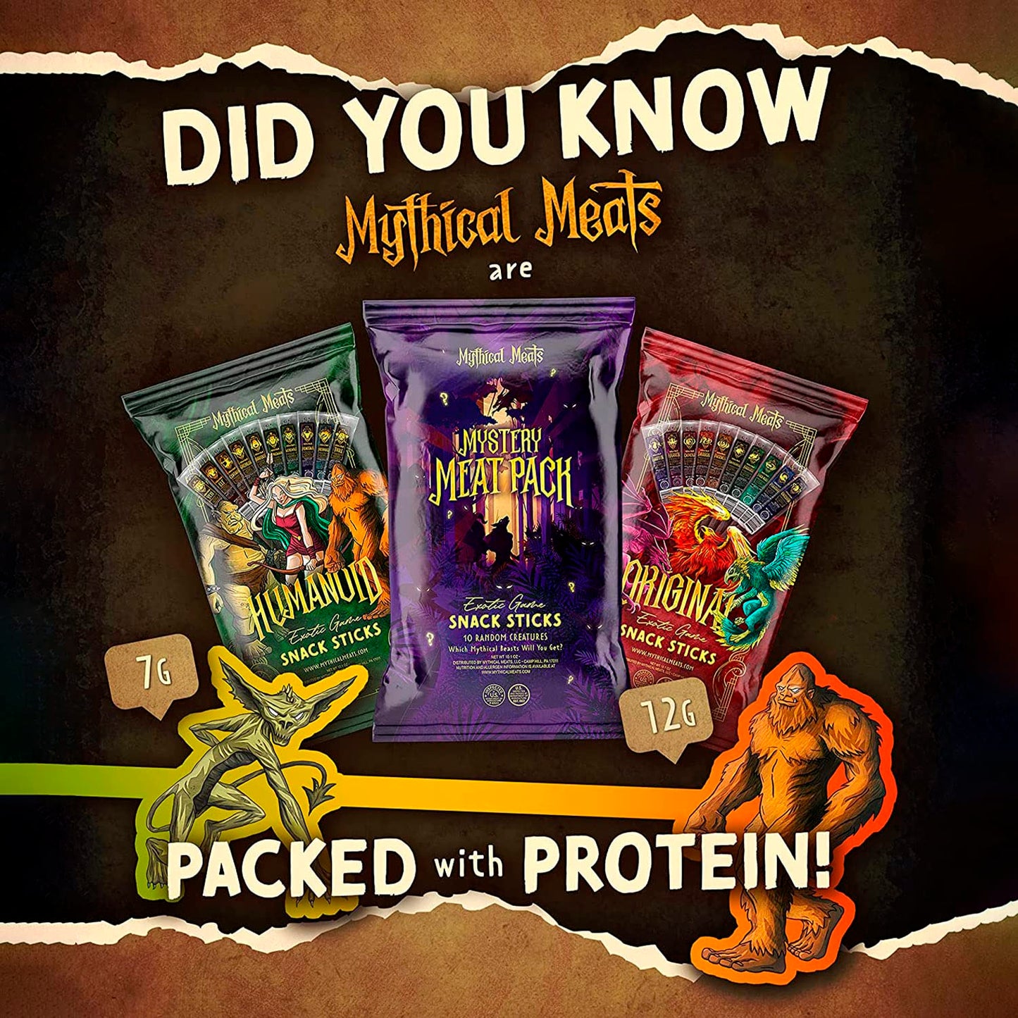 Mythical Meats Mystery Meat Random Flavor Sampler Pack - 10 Random Exotic Game And Beef Snack Sticks - Dried & Dehydrated Meats
