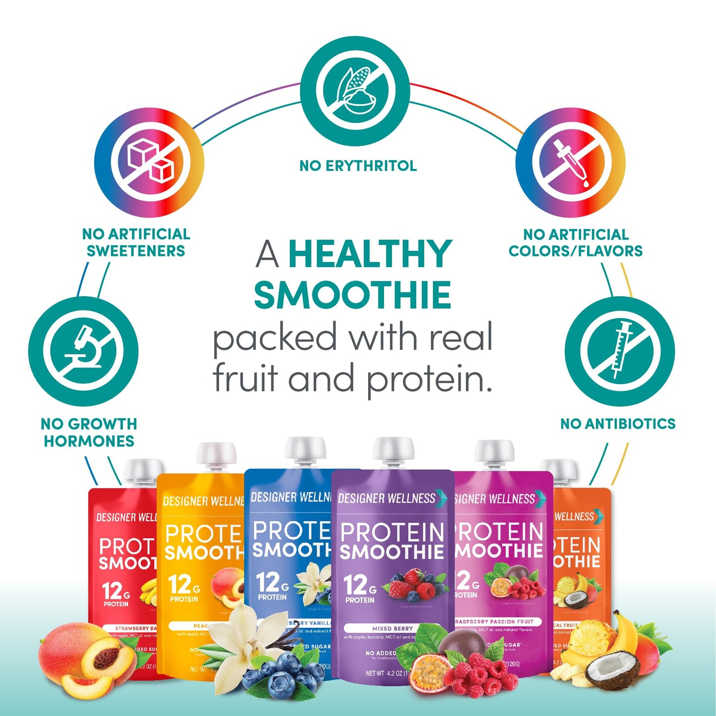 Designer Wellness Protein Smoothie, Real Fruit, 12g Protein, Low Carb, Zero Added Sugar, Gluten-Free, Non-GMO, No Artificial Col