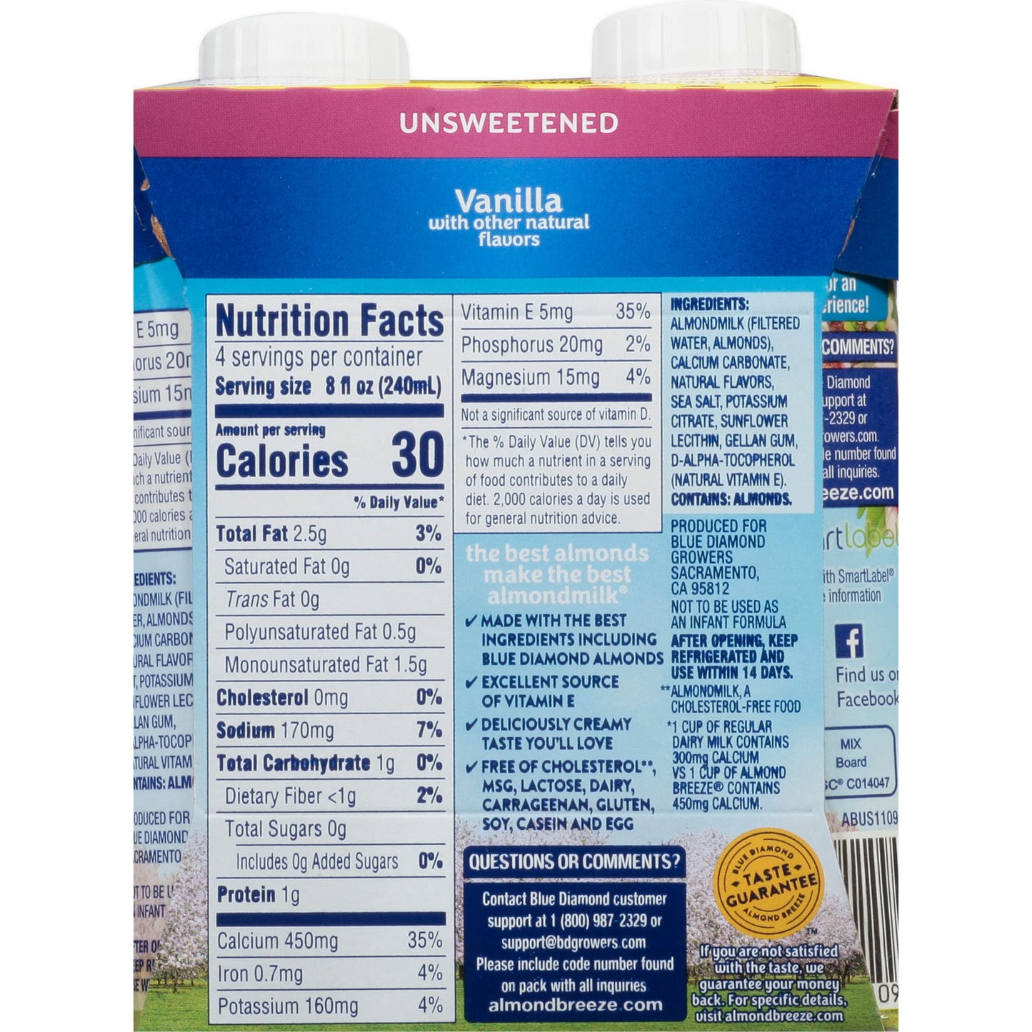Almond Breeze, Dairy Free Almondmilk, Unsweetened Vanilla, 8 Ounce , Pack Of 4