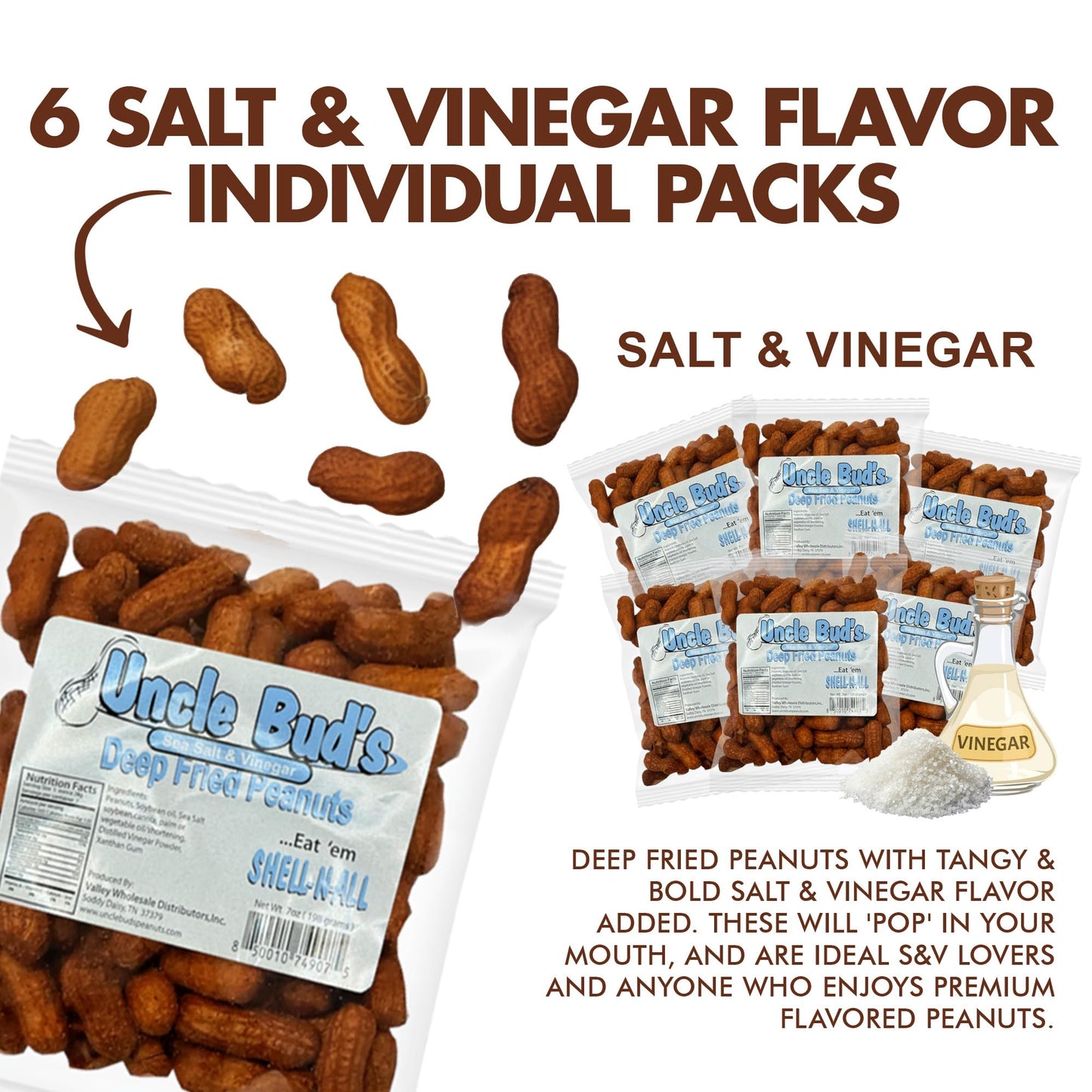 Uncle Bud'S Deep Fried Peanuts In Shell (6-Pack) | Salt And Vinegar Peanuts, Salted Peanuts In The Shell, Shelled Peanuts Snack