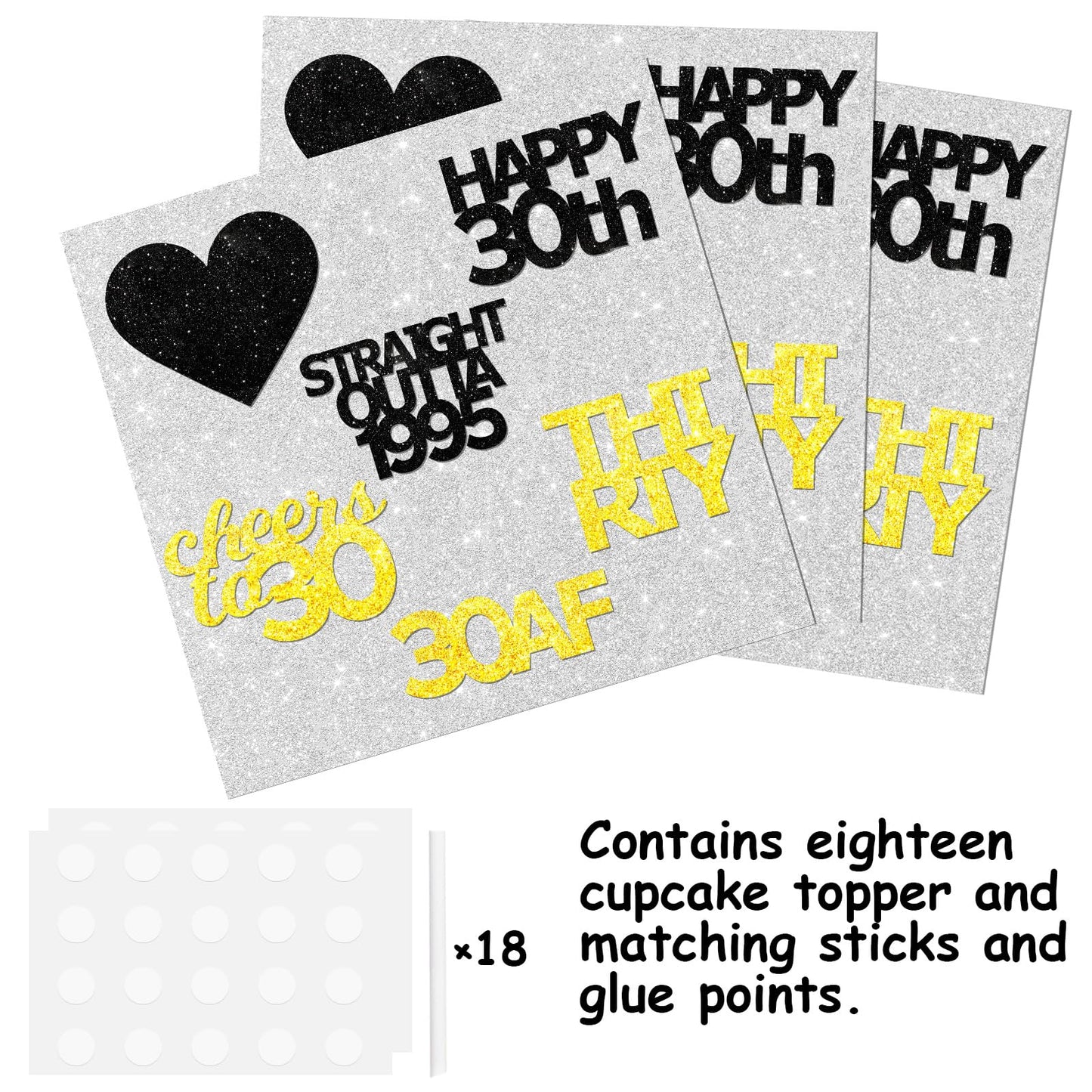 18Pcs Black Gold Glitter Dessert Cupcake Pick For Straight Outta 1995 Cheer To 30 Years Old Theme Decor Supplies Happy 30Th Birt