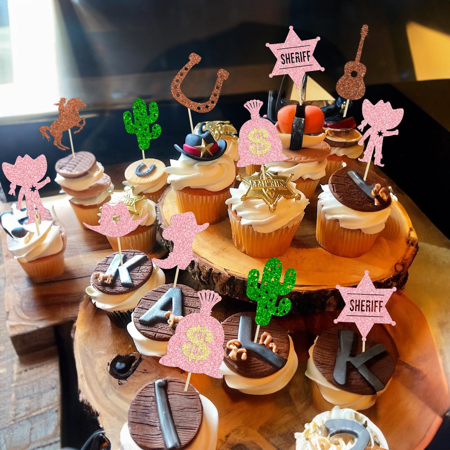 Gyufise 36Pcs Cowgirl Party Cake Cupcake Topper Pink Cowgirl Western Cupcake Toppers For Western Cowgirl Party Kids Birthday Par
