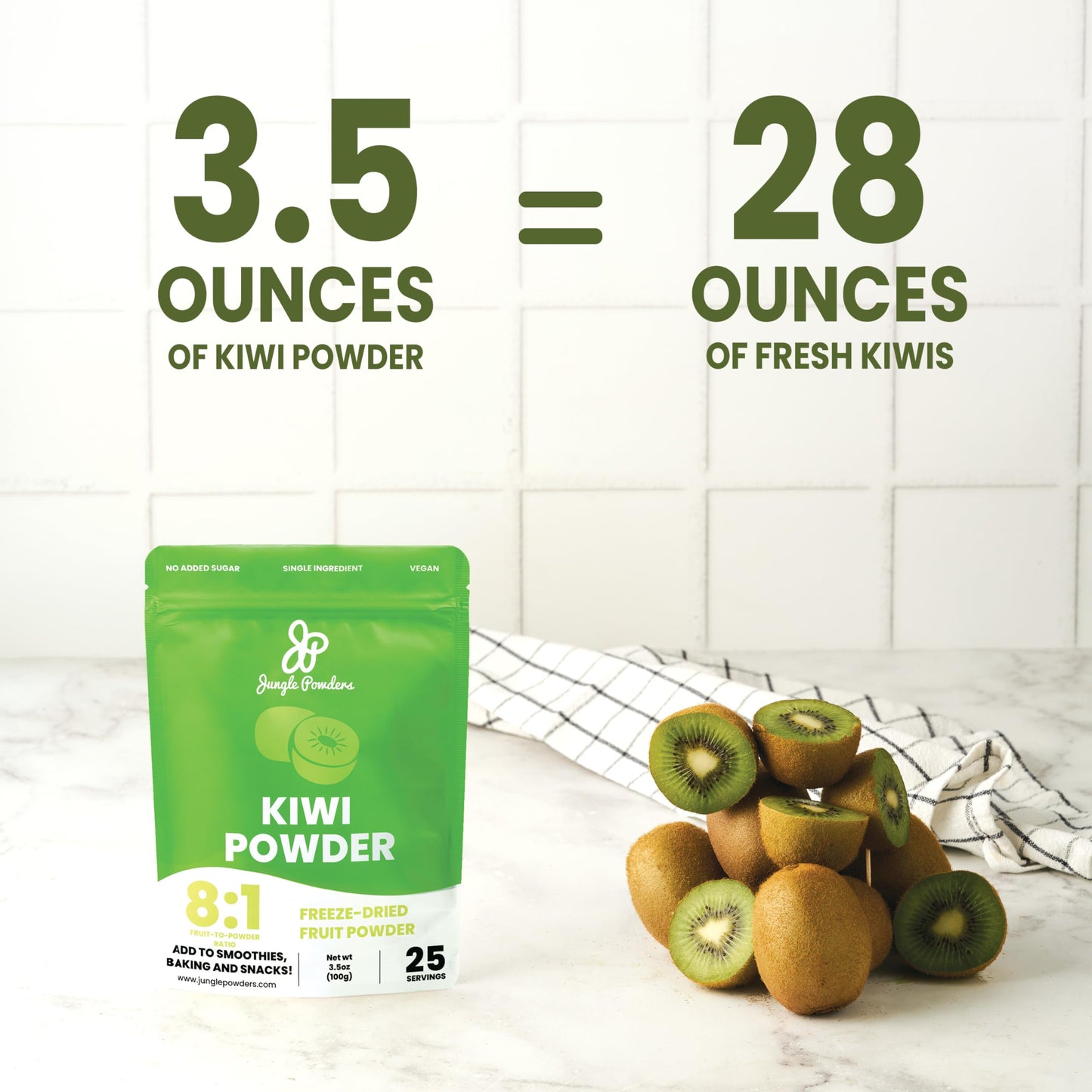 Jungle Powders Kiwi Fruit Powder Freeze Dried 3.5 Ounce Bag Unsweetened Green