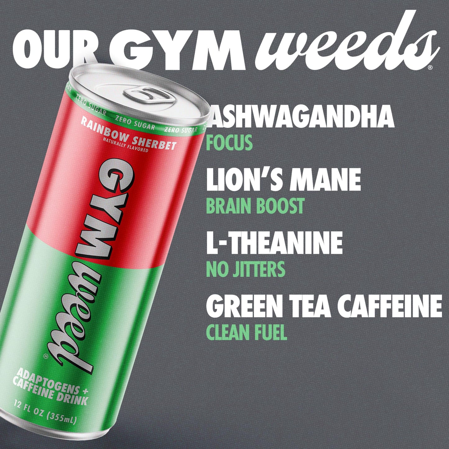 GYM   Athletic Focus Drink - KSM-66 Ashwagandha, Lions Mane, L-Theanine, 200mg Green Tea Caffeine, Rainbow Sherbet Flavor, 12 Pack