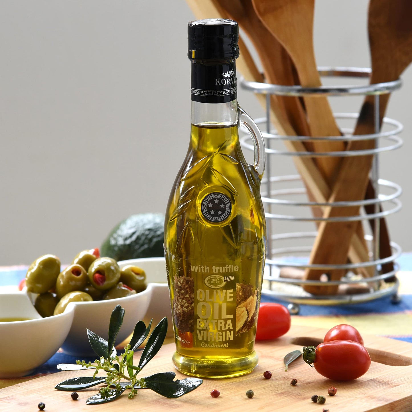 KORVEL Extra Virgin Olive Oil with Truffle, Glass Bottle Amphora, 250 ml (8.45 fl oz)