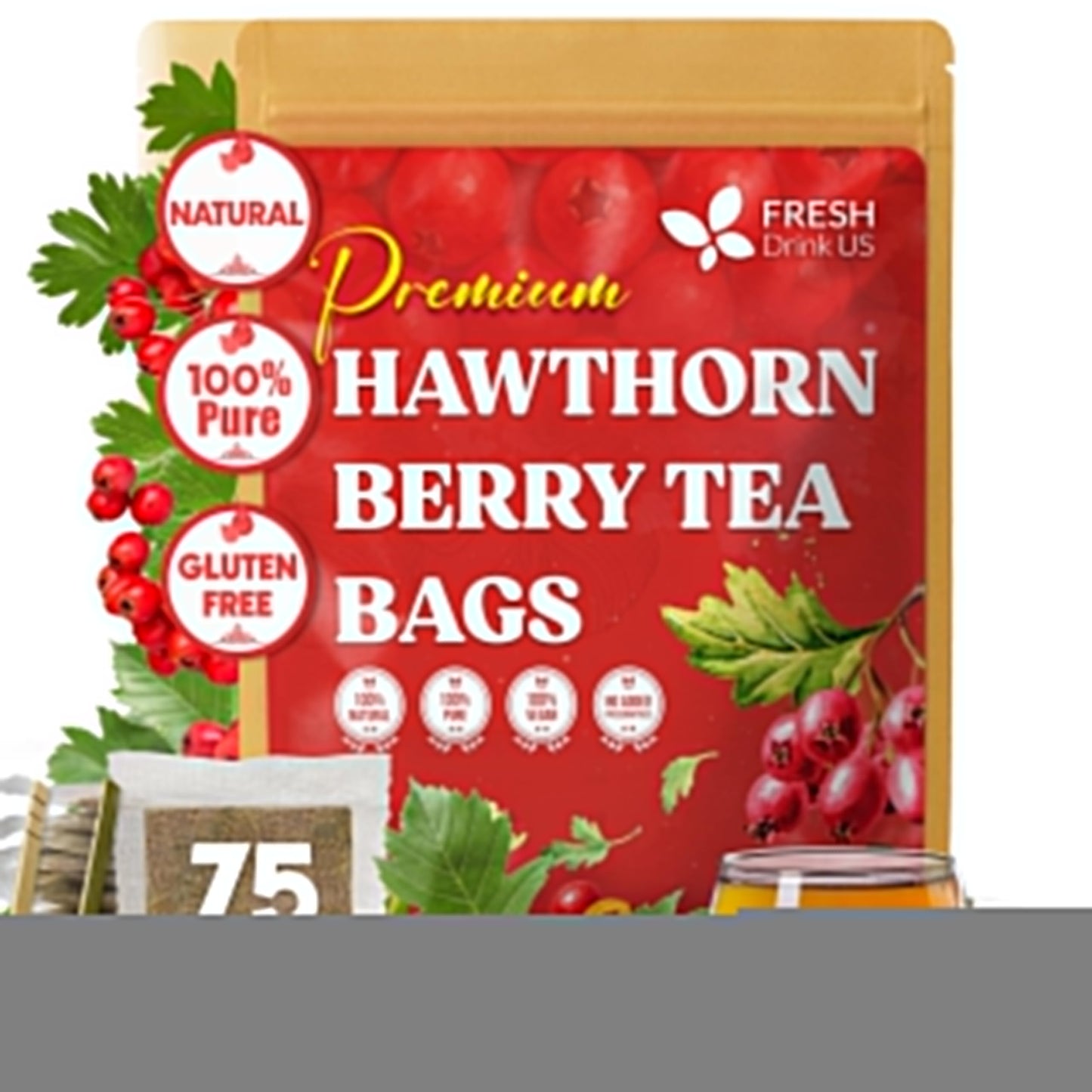Freshdrinkus  Top-Grade Hawthorn Berry Tea - 75 Tea Bags - 100% Natural Herbal Infusion  Energy Blend-Free  Rich Aroma & Smooth Taste. Vegan