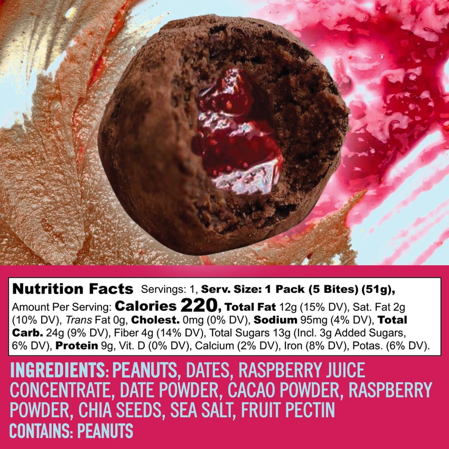 Chia Smash Raspberry Energy Bites | Gluten-Free Vegan Snack Balls | 8g Protein | 8 Pack (5 Bites) | Chocolate Peanut Butter & Raspberry