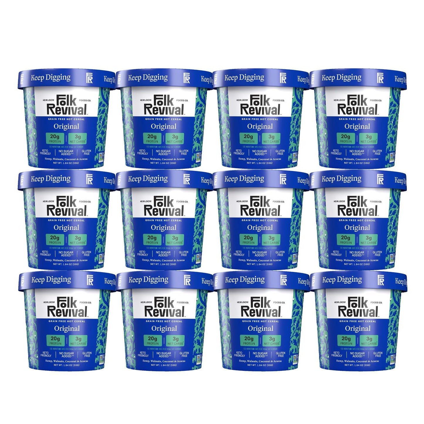 Folk Revival Original Keto Instant Oatmeal - 20g Protein, 3g Net Carbs, High Fiber, Non GMO, Gluten Free, Made with Acorns - 12 