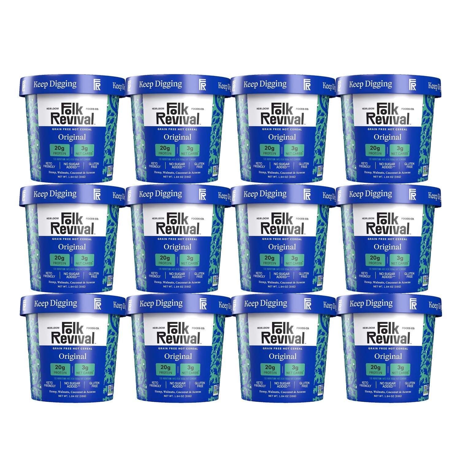 Folk Revival Original Keto Instant Oatmeal - 20g Protein, 3g Net Carbs, High Fiber, Non GMO, Gluten Free, Made with Acorns - 12 