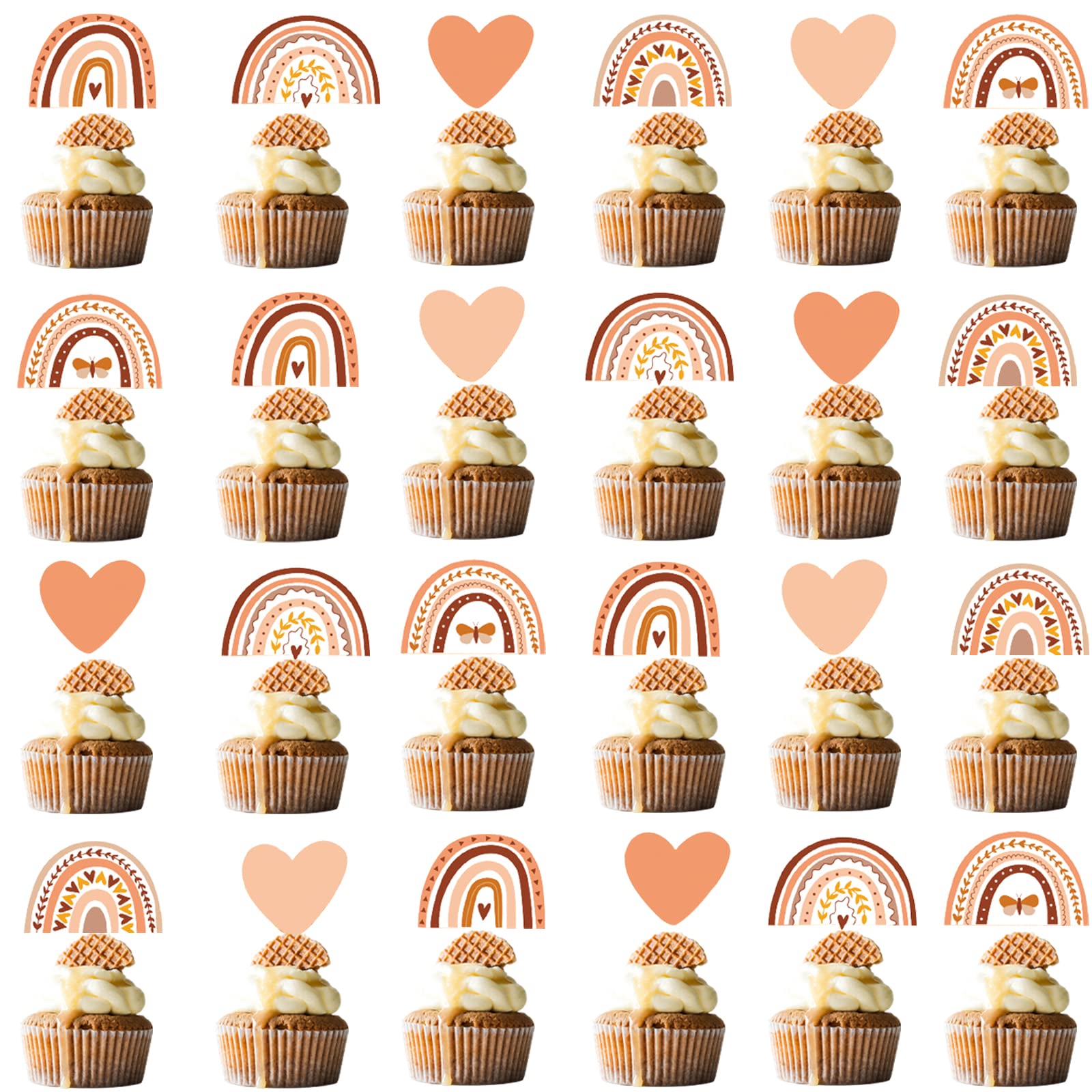 48 Pcs Boho Rainbow Party Cupcake Toppers For Boho Rainbow Birthday Party Decorations