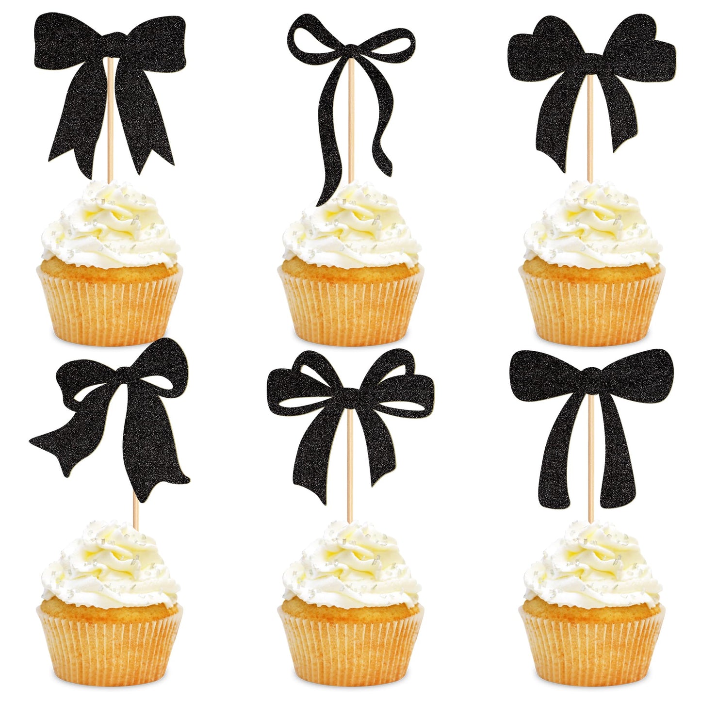 Cyodoos 24pcs black Bow Cupcake Toppers Bow Baby Shower Cake Decorations for Birthday Party Wedding Party Decorations