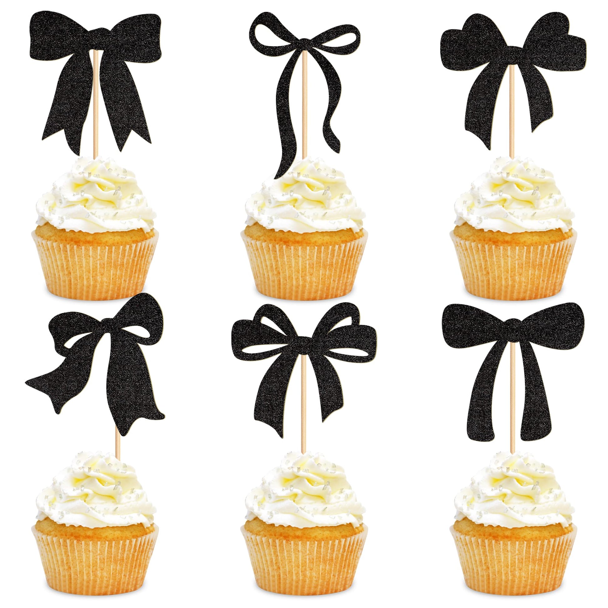Cyodoos 24pcs black Bow Cupcake Toppers Bow Baby Shower Cake Decorations for Birthday Party Wedding Party Decorations