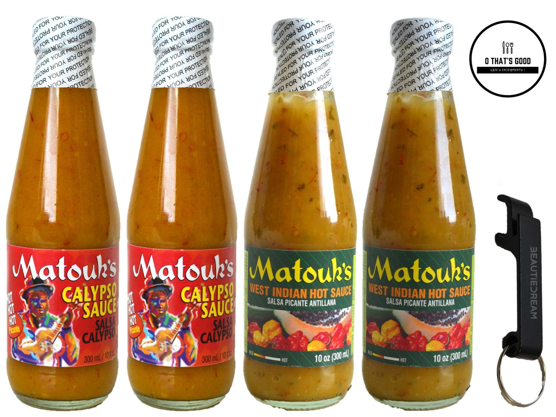 Matouks West Indian Hot Sauce and Calypso Sauce 10 Ounce (Pack of 4) with Keychain Bottle Opener in Sealed O Datz Good Packagin