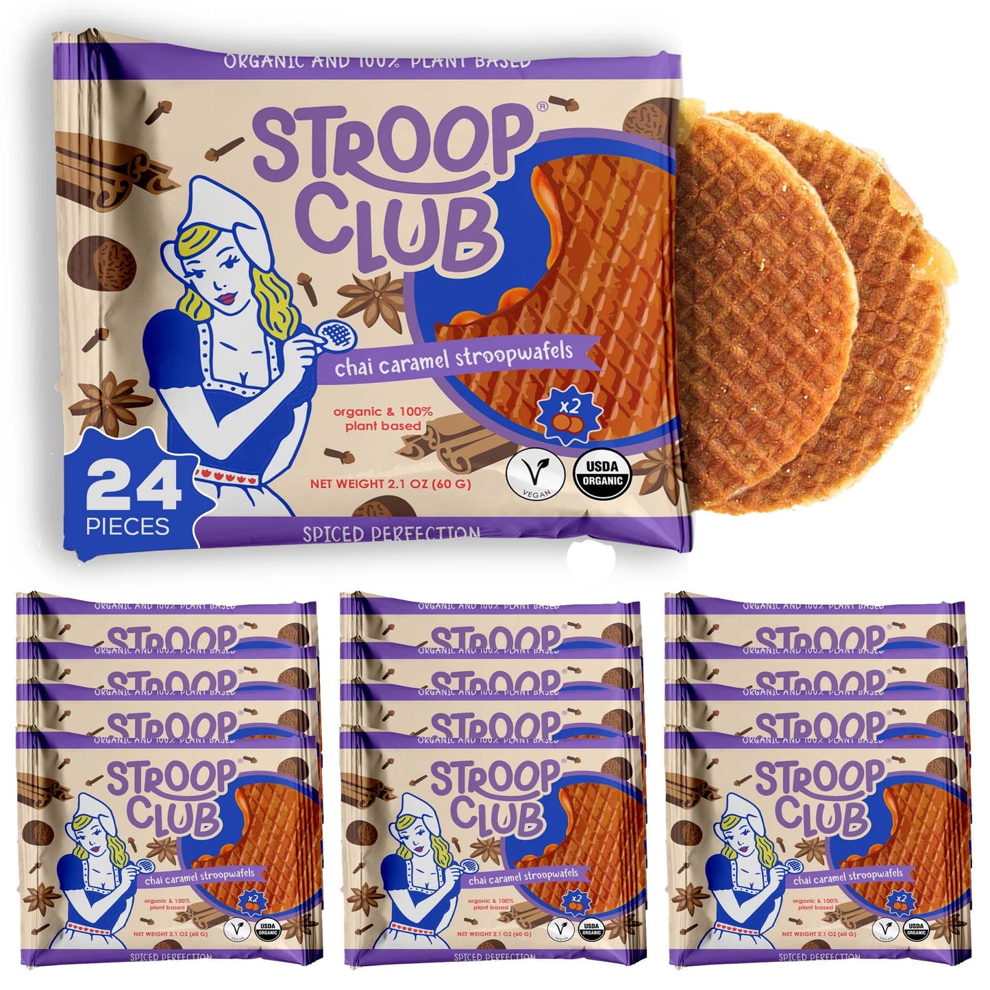 Stroop Club Chai Infused Organic Stroopwafel Caramel Treats | Vegan, Plant-Based And Dutch-Approved Indulgence - 24 Vegan Waffle