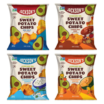 Jacksons Sweet Potato Kettle Chips Avocado Oil Variety Pack Made With Premium Oils (1.5 Oz, Pack Of 10) Sea Salt, Ranch, Bbq, An