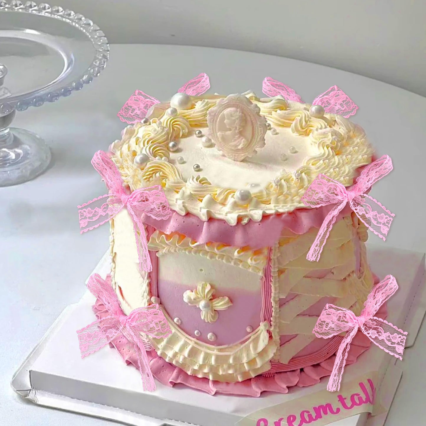 Cyodoos 24pcs Pink Bow Cupcake Toppers Lace Bowknot Cupcake Toppers Cake Dessert Picks Decoration For Bridal Shower Bachelorette