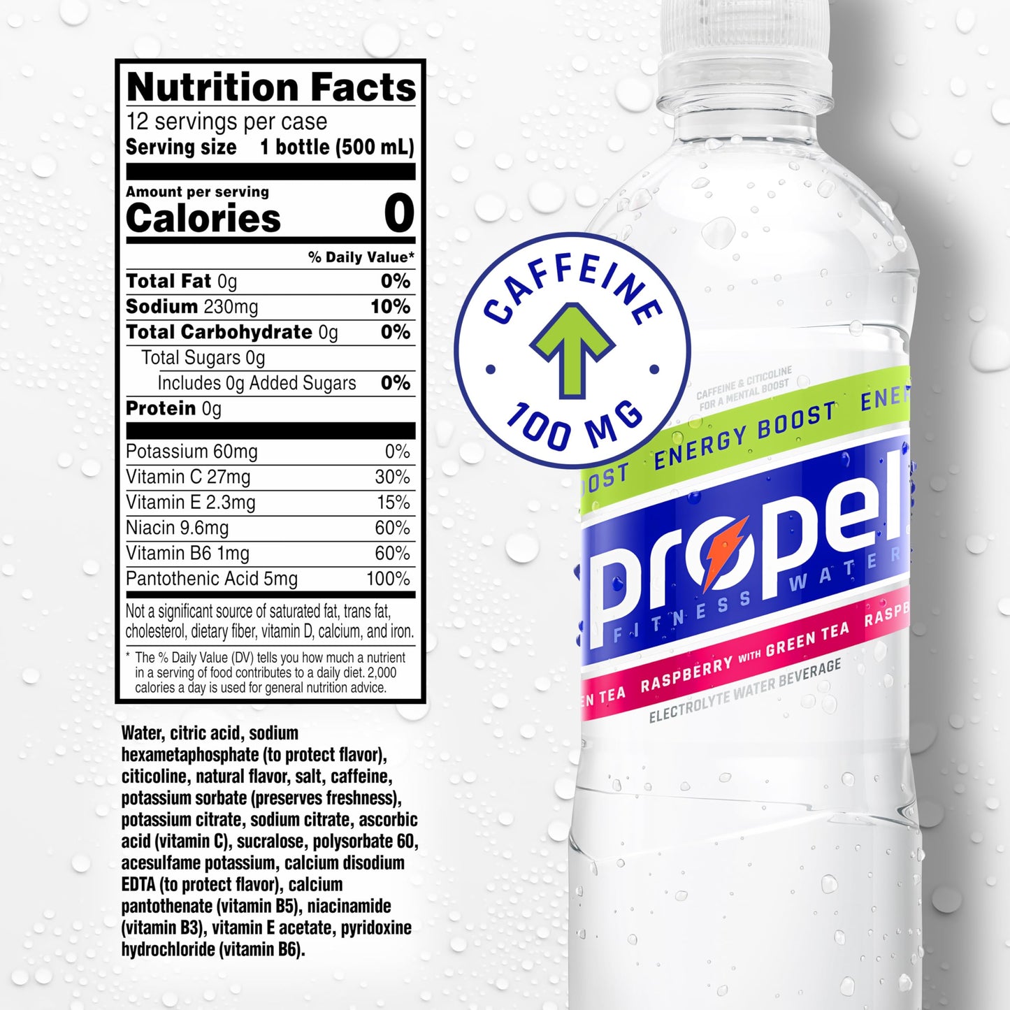 Propel Energy Boost Raspberry Green Tea Flavored Water, 16.9 fl oz Bottles, 12 Pack - Zero Calorie with Electrolytes and Caffeine