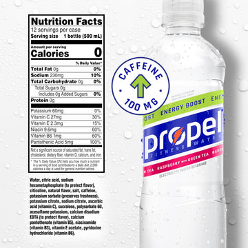 Propel Energy Boost Raspberry Green Tea Flavored Water, 16.9 fl oz Bottles, 12 Pack - Zero Calorie with Electrolytes and Caffeine